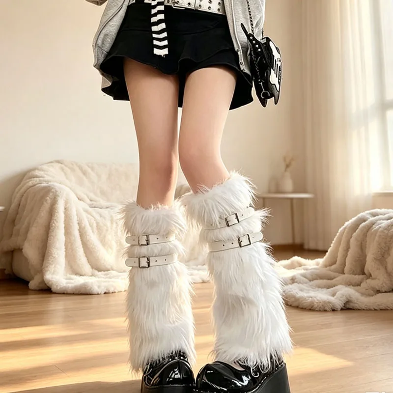 Autumn and Winter Women Faux Fur Leg Warmers with Buckle Straps Y2K Mid Calf Plush Warm Boot Covers for JK Cosplay Socks