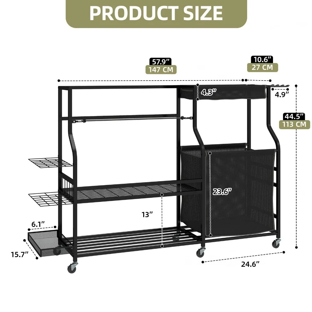 Heavy Duty Steel Rolling Sports Equipment Organizer Rack Garage Golf Bag Storage
