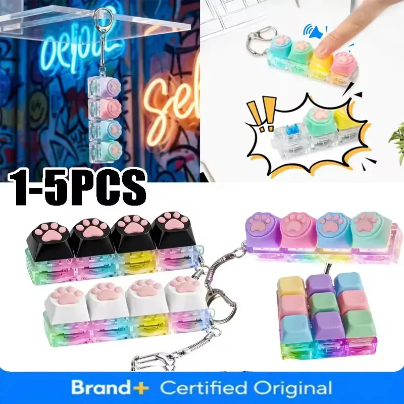 Cat Paw Glow Keychain Fidget Toy Light-Up Silicone Keyboard Button Stress Reliever Portable Clicker Keyring for Anxiety Amagi