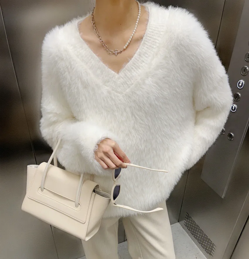 

Lazy Style Oversized Women V Neck Mink Cashmere Sweater Pullover New Autumn Winter Soft Mohair Knitted Thick Warm Loose Jumpers