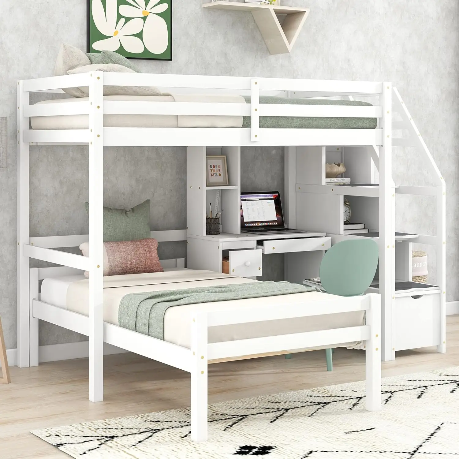 Kelria-cama tipo altillo de tamaño doble con escritorio y escaleras, litera doble con cajones y estantes de almacenamiento, desván Convertible de madera