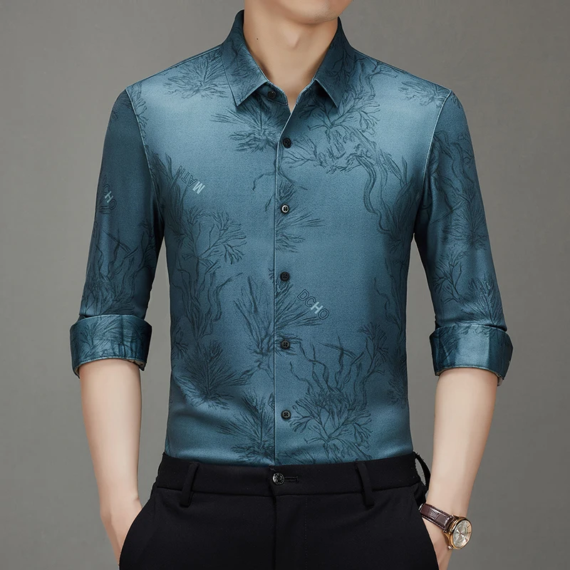 Wool Blends High-End Shirts For Men Long Sleeved Seamless Print Spring Quality Soft Comfortable Silky Boutique Camisas De Hombre