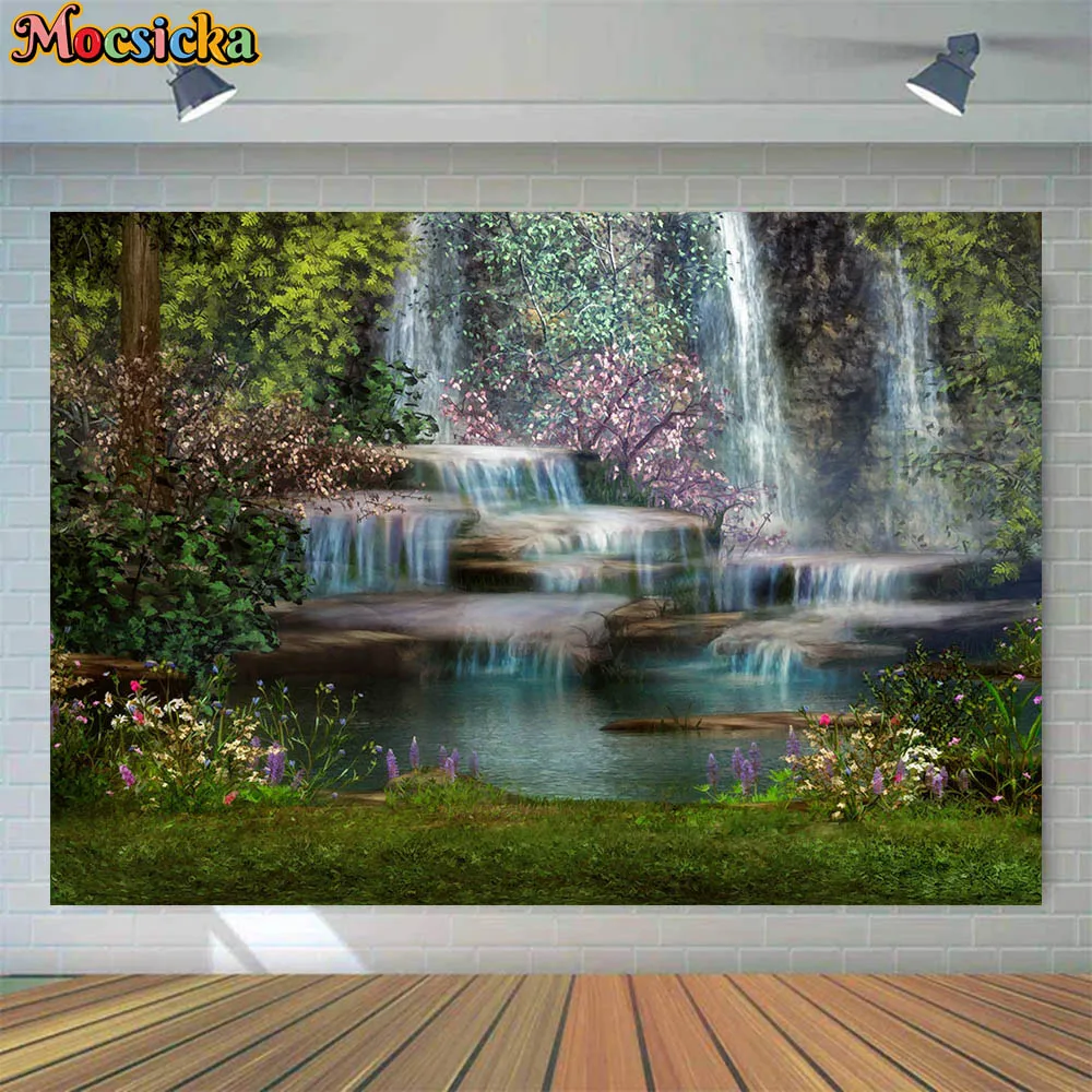 Mocsicka Spring Natural Scenery Photo Background Waterfall Grassland Flower Newborn Photography Backdrop Studio Photoshoot Props