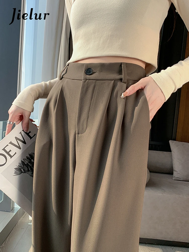 

Jielur Spring Solid Color Wide Leg Pants High Waist Straight Black Casual Y2k Suit Trousers Simple Streetwear Full Length Pants