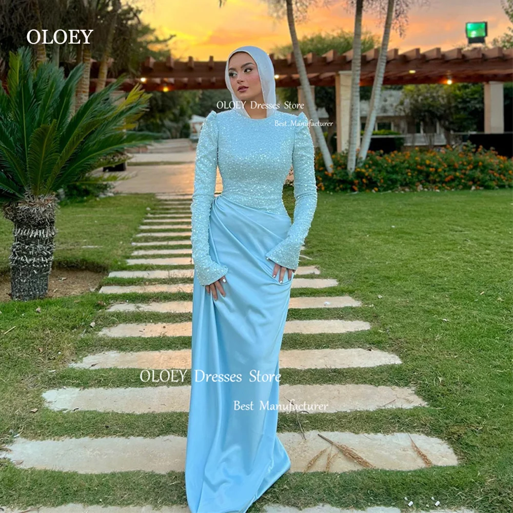 

OLOEY 2024 Glitter Light Blue Muslim Arabic Women Evening Dresses Long Sleeves Mermaid Silk Satin Formal Party Prom Gowns