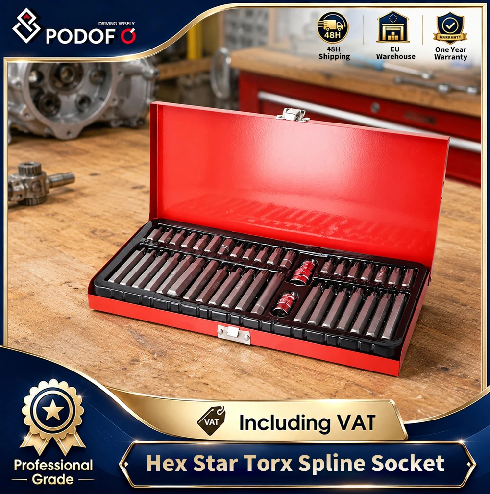 Podofo 40 pièces Kit d'outils de réparation automobile : Clé à cliquet, douilles hexagonales, étoile, Torx, cannelées et douilles à chocs 1/2 pouce et 3/8 pouce