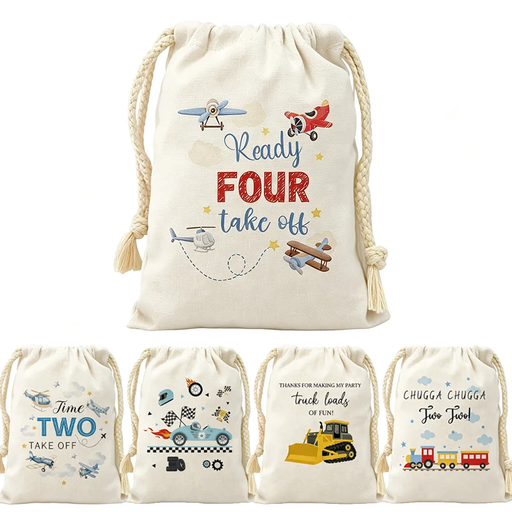 6/12pcs Kids Birthday Party Favor Bags Airplanes Train Bulldozer and Race Car Treat Goodie Bags Boys 1st 2nd 4th Birthday Gift