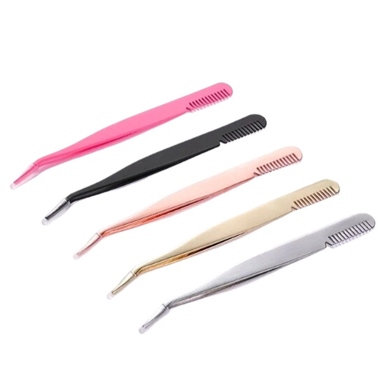 1Pc With Comb Stainless Steel Eyelashes Tweezers Lashes Extension Supplies Industrial Precision Eyebrow Tweezer Makeup Tools