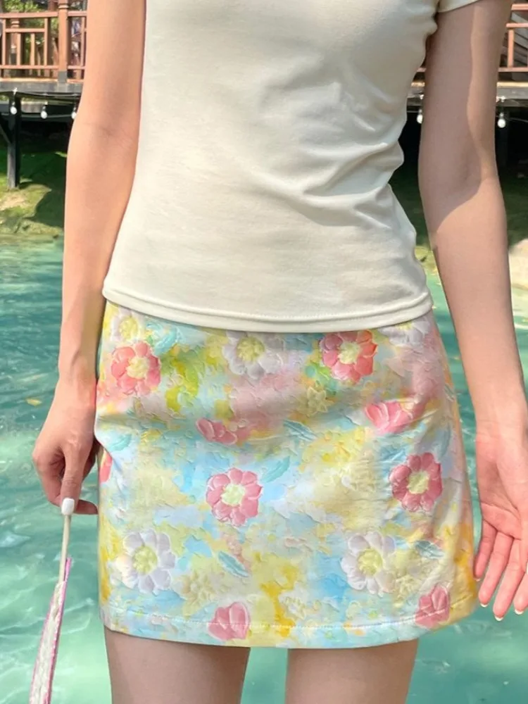 تنانير نسائية على الطراز الفرنسي عتيقة ملابس شارع كاواي مُزينة بالزهور صيفية Y2k حفلة لطيفة على شكل حرف a موضة جمالية Harajuku Mujer Faldas