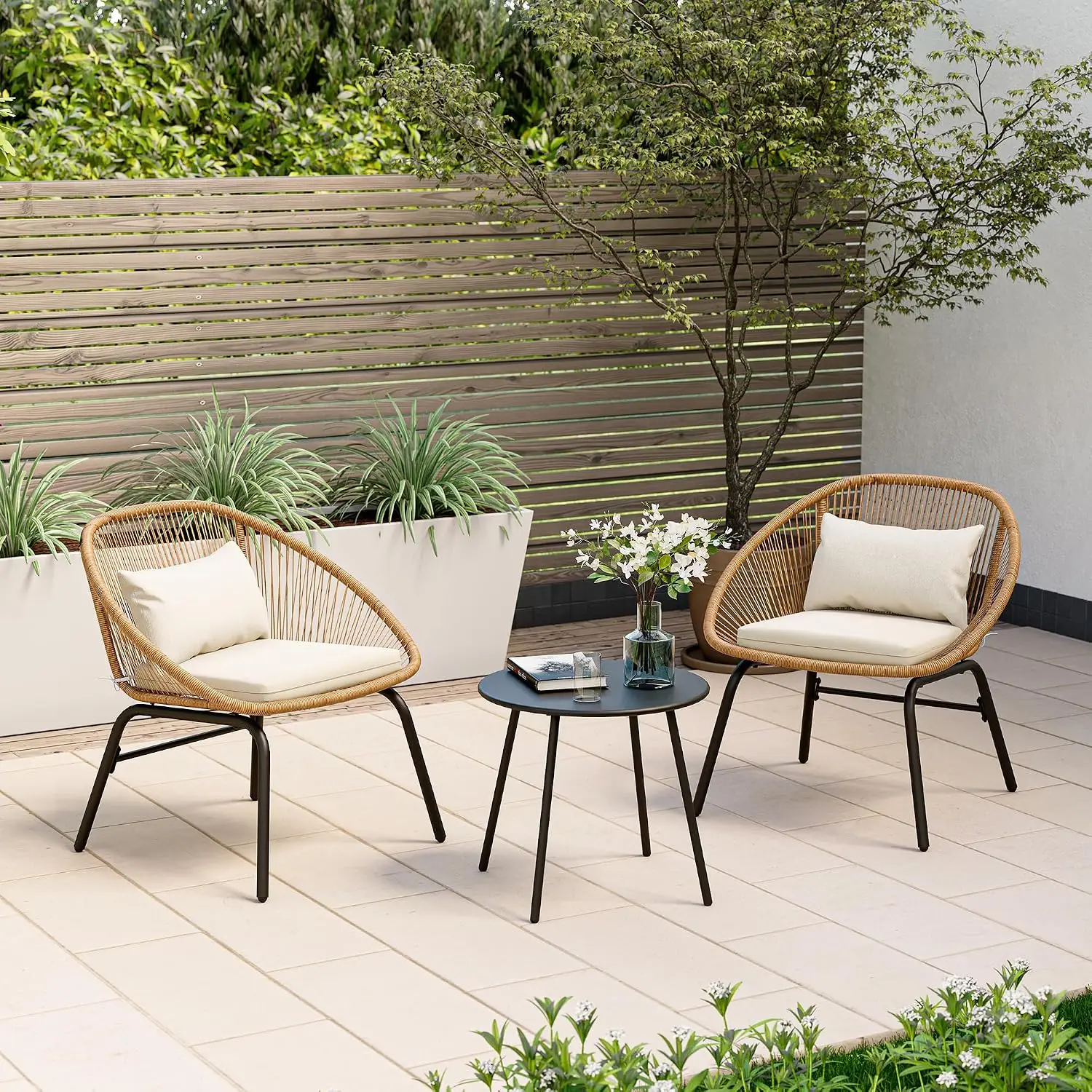 3 Piece Patio Conversation Bistro Set, All-Weather Outdoor Wicker Furniture with 2 Wide Chairs and Coffee Table Perfect for Porc