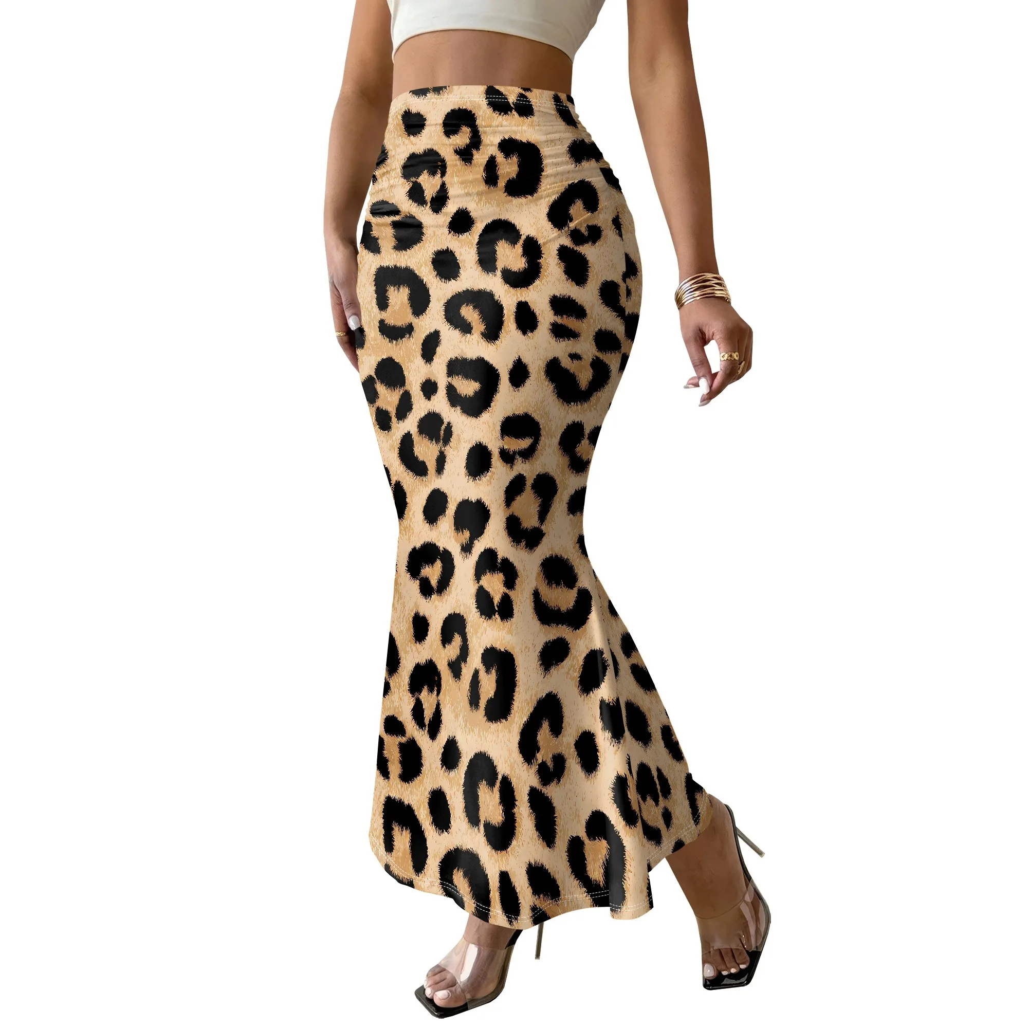 Leopard Print Mermaid Skirt, High Waist Bodycon Midi Skirt, Stretchy Animal Pattern Bottoms, Club Party Wear, S-2XL