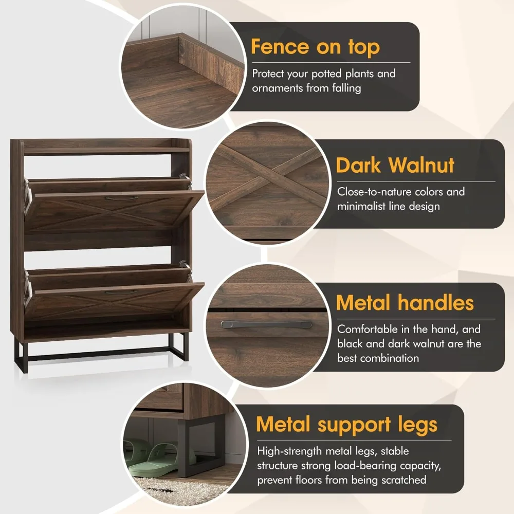 خزانة تخزين أحذية رفيعة مع أدراج قابلة للطي، منظم قائم بذاته للمدخل، خشب الجوز الداكن #4