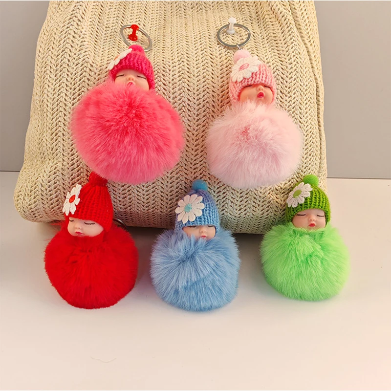 New Cartoon Cute Sleep Baby Plush Doll Keychain Creative Cute Fur Ball Girl Backpack Decoration Pendant Children's Birthday Gift