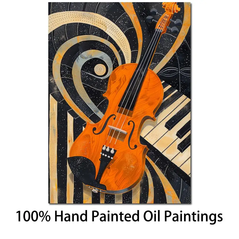 Modern Music Canvas Art Violin Piano Harmonious Hand Painted Still Life Oil Painting Contemporary MusicRoom Pub Decor Romantic