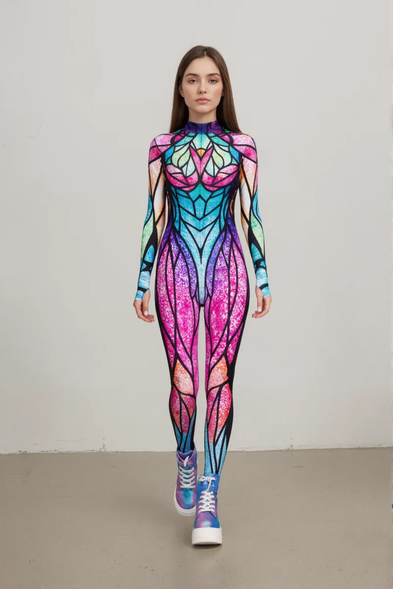 Neuer bunter Schmetterlings-Print-Cosplay-Bodysuit für Damen, Erwachsenen-Halloween-Karnevalsparty-Märchenkostüm, Bühnenkostüm, Zentai-Anzug – Detail 8