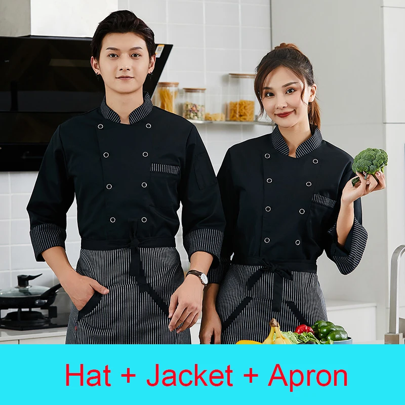 

Chef's Shirt Female Long Sleeve Chef Uniform Cafe Work Apron for Men Hotel Cook Hat Restaurant Kitchen Cap Waiter Pinafore