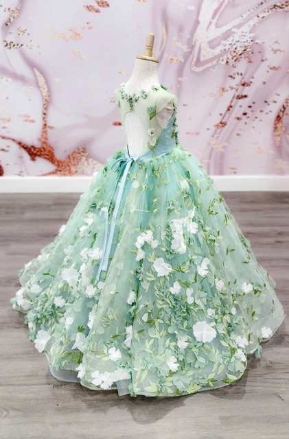 FATAPAESE Green Fabric with 3D Lily of the Valley Floral Appqulies Floor Length Princess Ball Gown Wedding Flower Girl Dress AliExpress 320