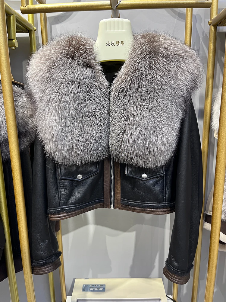 2024 Winter Women Coat Real Natural Merino Sheep Fur Genuine Leather Jacket Fox Fur Collar Thick Warm Luxury Female Coats