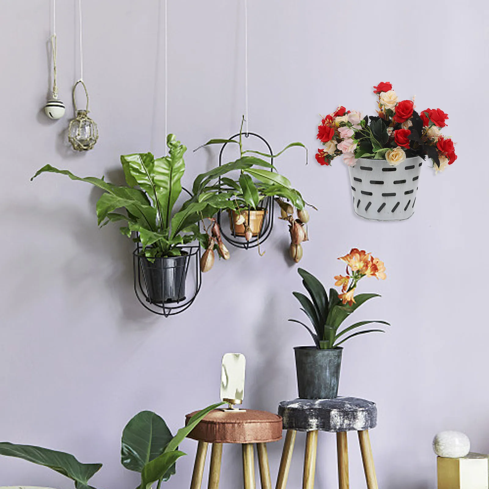 

Retro Wall-mounted Flower Pot Iron Basket Plants Bracket Indoor Pots Large White Aged Jute Rope Lattice Wall Planter Storage