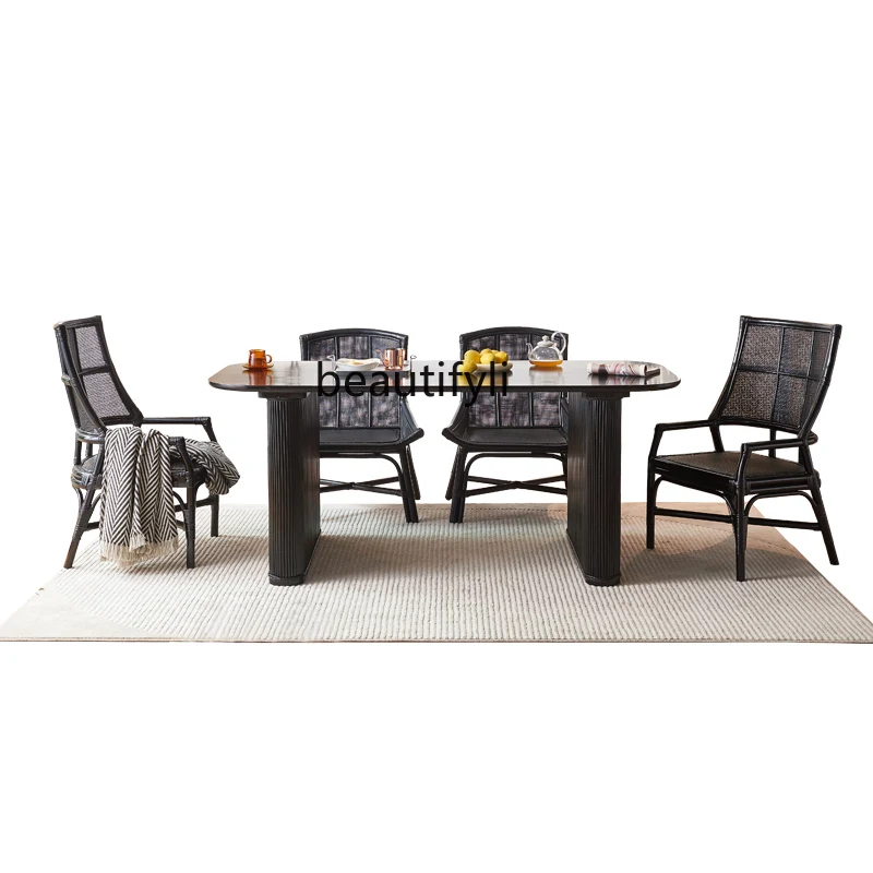 

Solid Wood Dining Tables and Chairs Set Hotel Restaurant Modern Rattan Rectangular Table and Chair Combination Table