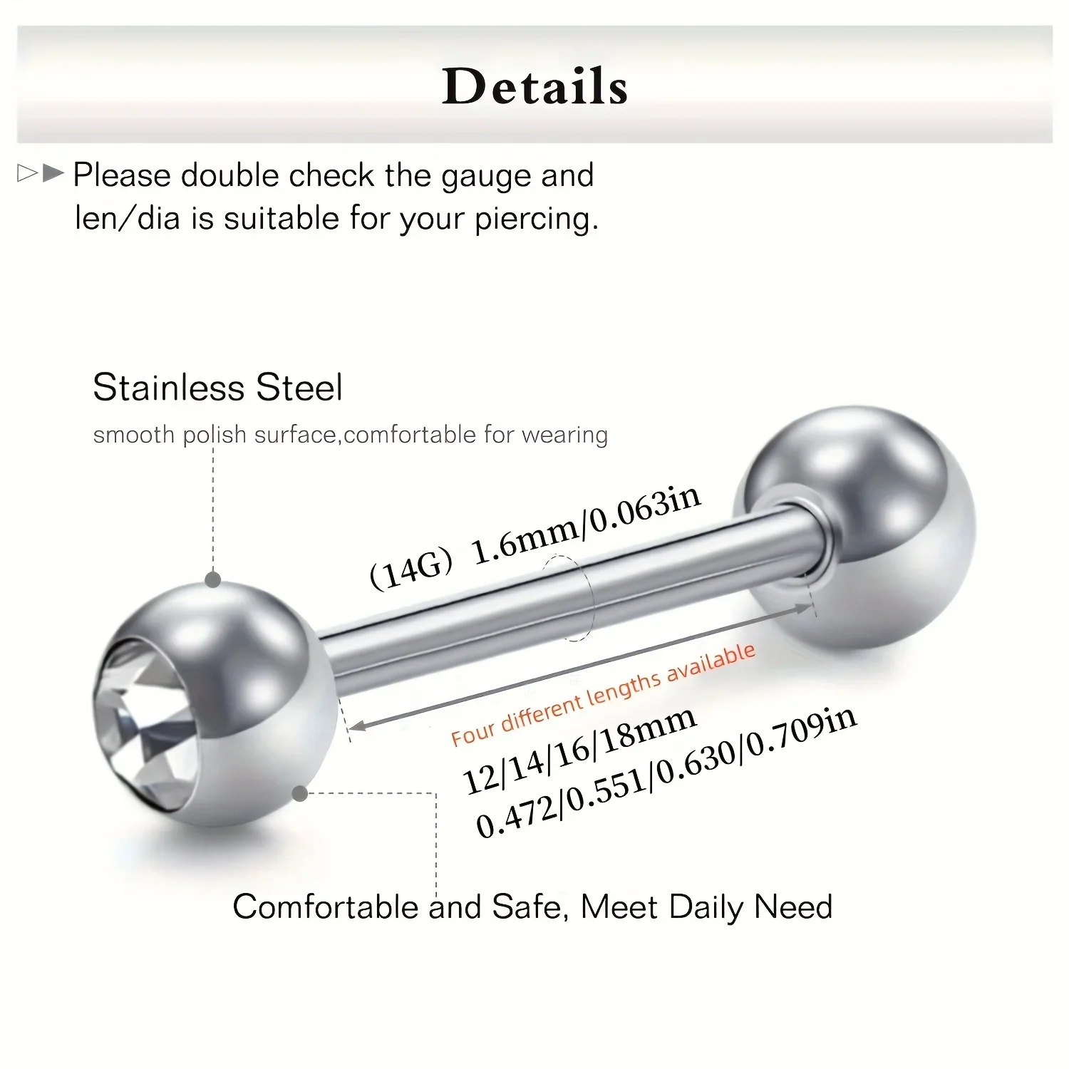 10pcs 14G Rhinestone Straight Barbell Metal Tongue Piercing Jewelry ，Stainless Steel Tongue Rings, 12 -18mm Available