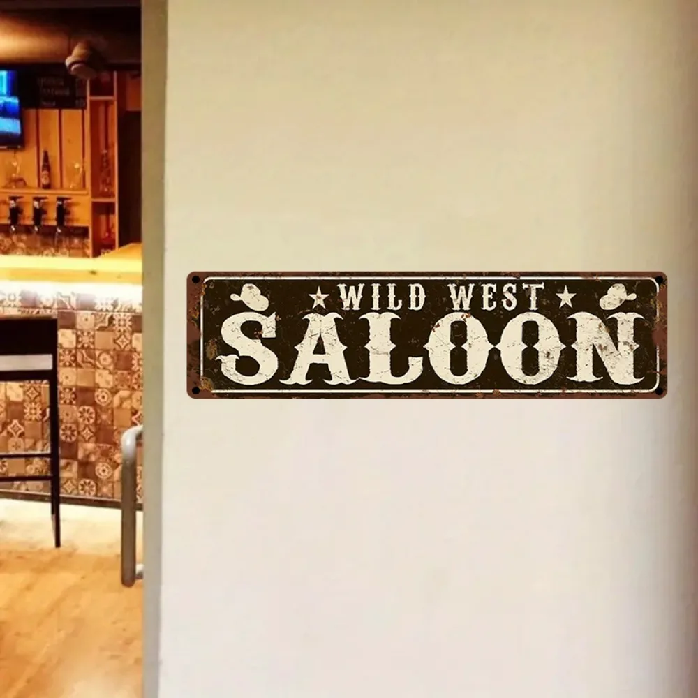 لافتة معدنية عتيقة "صالون الغرب المتوحش" - 15.7 × 3.9 بوصة ديكور نجوم رعاة البقر الريفي، فن بار المنزل الداخلي والخارجي #4