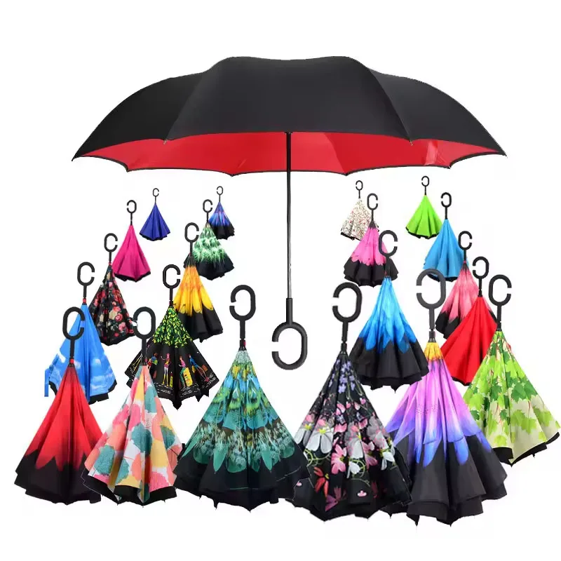 Parasol dwuwarstwowy odwracany 2025, długi uchwyt, prosty trzonek, parasol samochodowy w kształcie litery C, odwracany parasol przeciwsłoneczny, parasol golfowy.