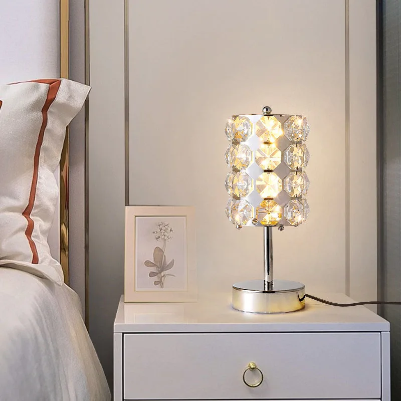 Modern Cylinder Crystal LED Table Lamp, 3 Color Temperature Bedside Lamp