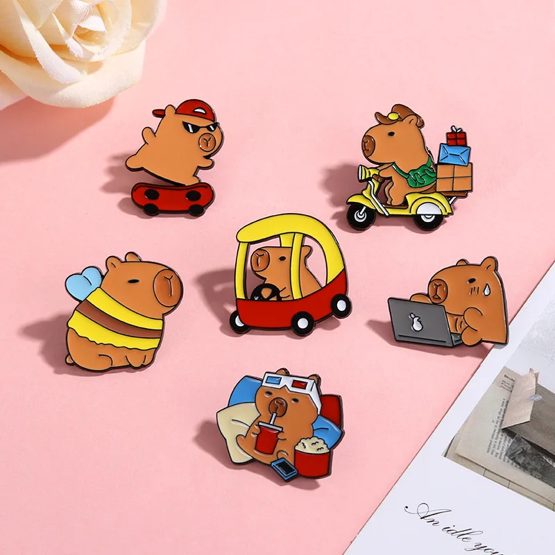 Cute Cartoon Capybara Series Enamel Pins Animal Metal Badge Brooch for Jewelry Accessory Gifts for Kids Friends