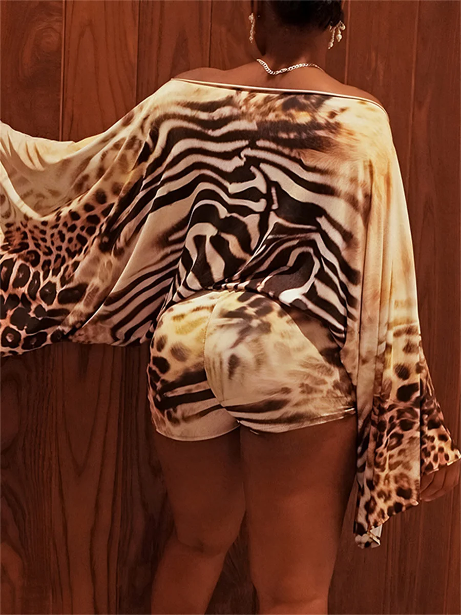 

Kliou Leopard Print Playsuits Woman Autumn Trend Slash Neck Lantern Sleeve Skinny Stretch Hot Girls Midnight Club Party Rompers