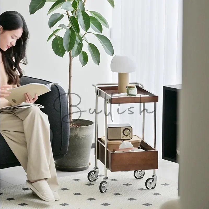 Simple solid wood coffee table trolley modern home living room sofa removable side cabinet rack
