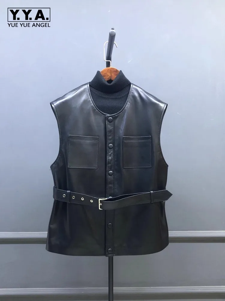 

Office Ladies O Neck Genuine Leather Sleeveless Jacket Single Breasted Sashes High Waist Women Vest Loose Fit Casual Waistcoat