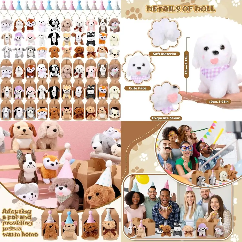 

Набор из 90 миниатюрных плюшевых собачек для тематических вечеринок в стиле «Адопция» с разнообразными щенками, шапочками и коробками из крафт-бумаги