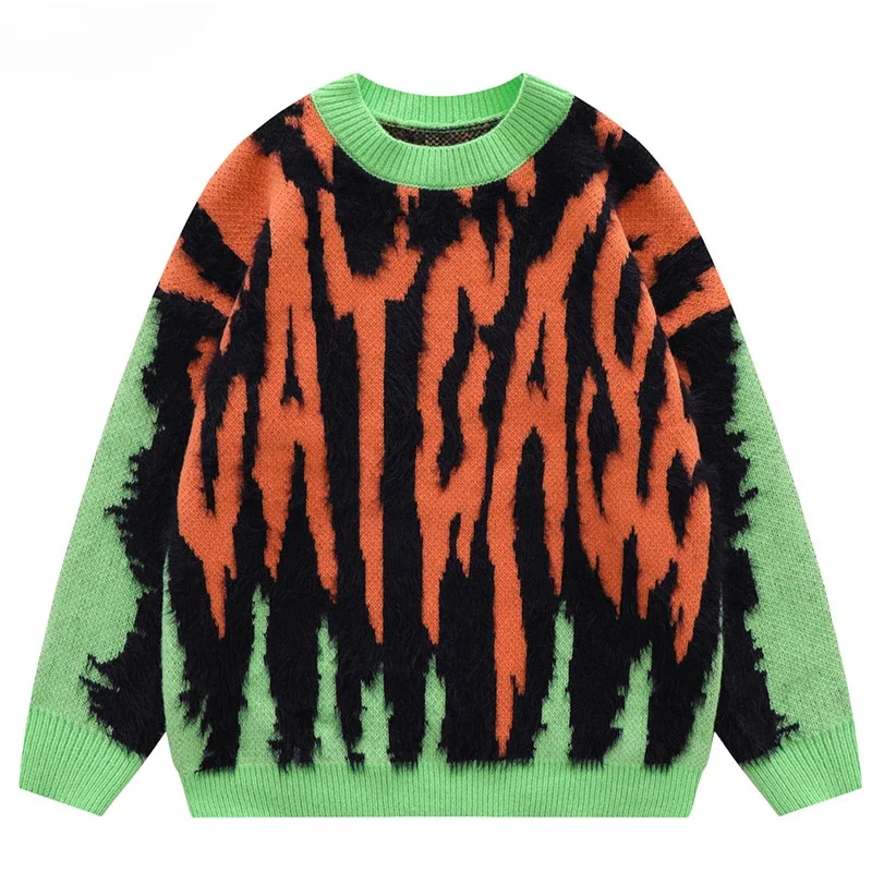 

Harajuku Vintage Green Orange Knitted Sweater Men's Street Oversized Jumper Pullover Thick Sweater Grandpa Ugly Sweater Women's