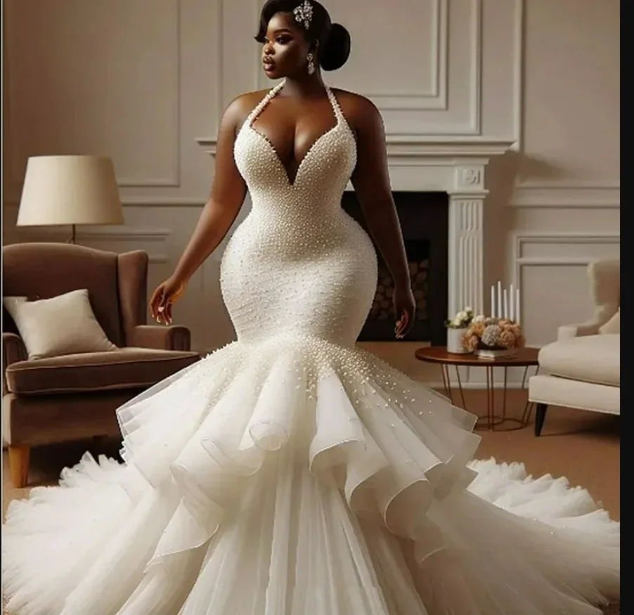 

Customized Halter Handmade Heavy Pearls Mermaid Wedding Dress Vestidos De Novias African Arabic Nigeria Formal Bridal Gown