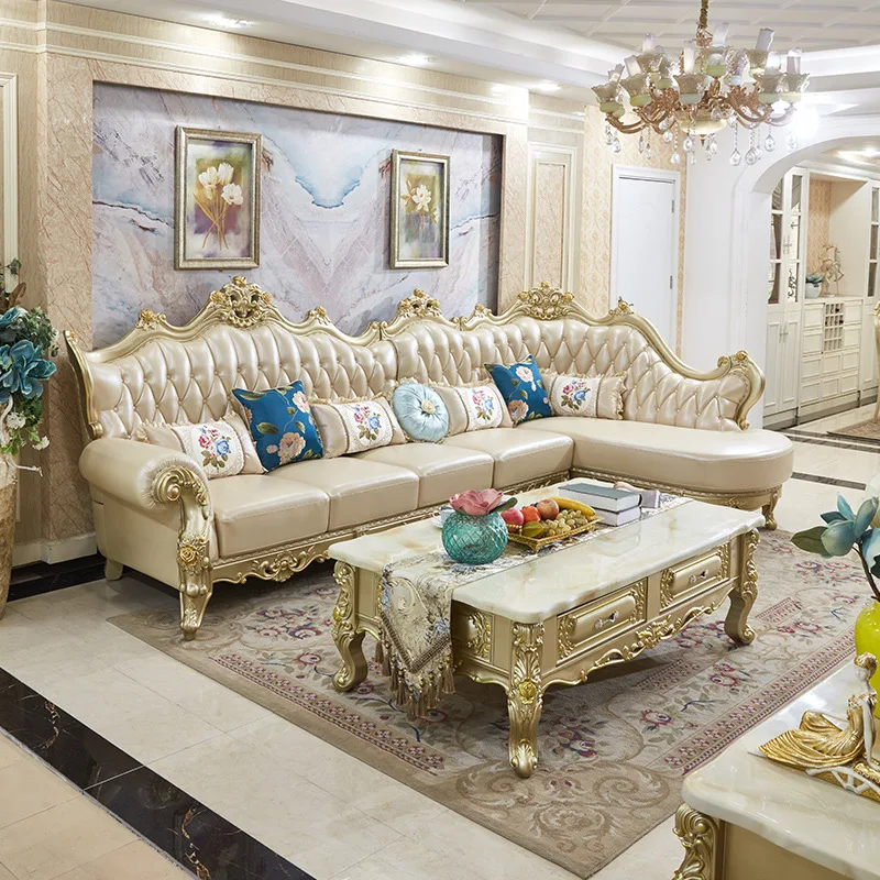 Leather sofa European living room solid wood luxury champagne gold leather sofa first layer cowhide corner princess L