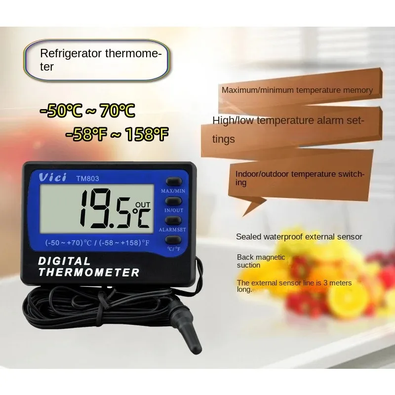 

Vici TM803 Digital LCD Display Thermometer Refrigerator Freezer Aquarium Medicine Box Temperature Sensor Meter Alarm Thermograph