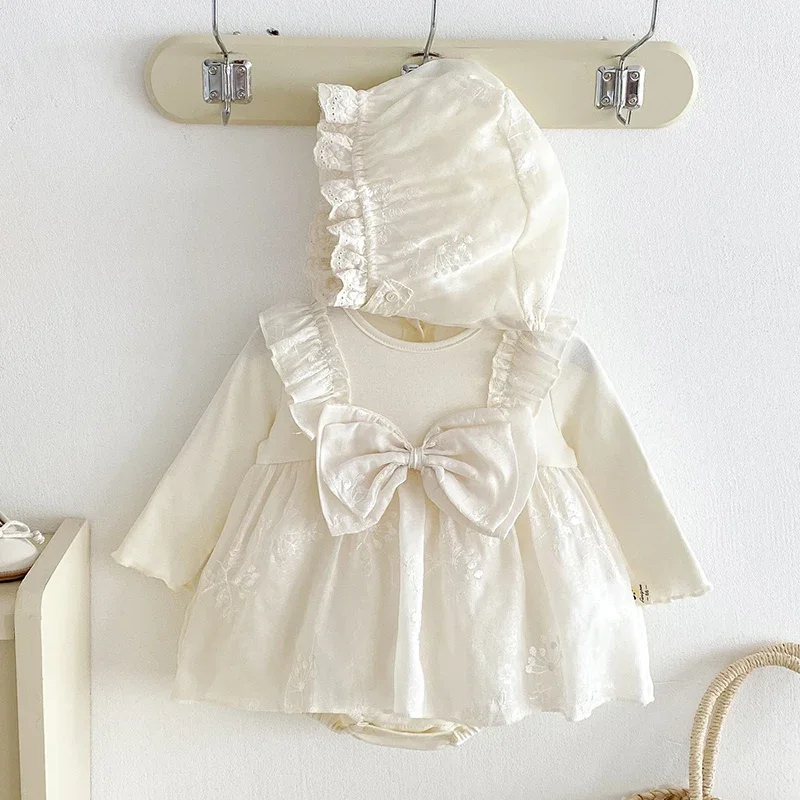 2025 Nieuwe Herfst Peuter Baby Meisje Romper + Hoed Lange Mouwen Katoen Borduren Splicing Baby Baby Jumpsuit 0-24 M Kinderkleding