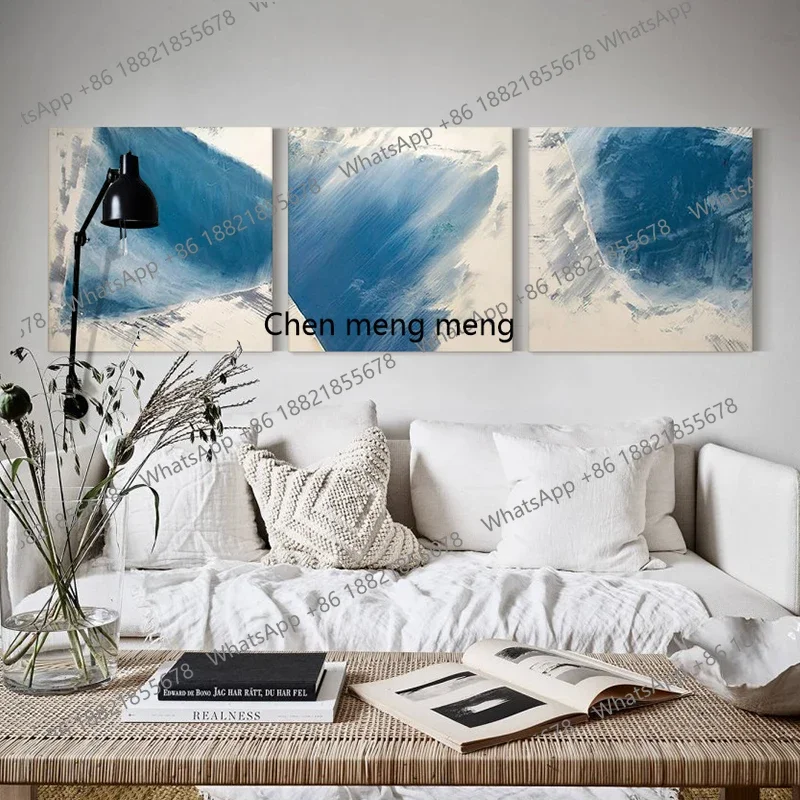 zq10 Modern simple decorative hanging painting blue handmade living room triptych oil painting abstract
