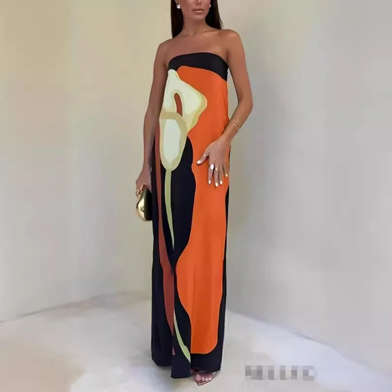 

Fashion Strapless Women Print A-line Dress Sexy Backless Sleeveless High Waist Maxi Dress Female Chic Party Evening Robes 2024