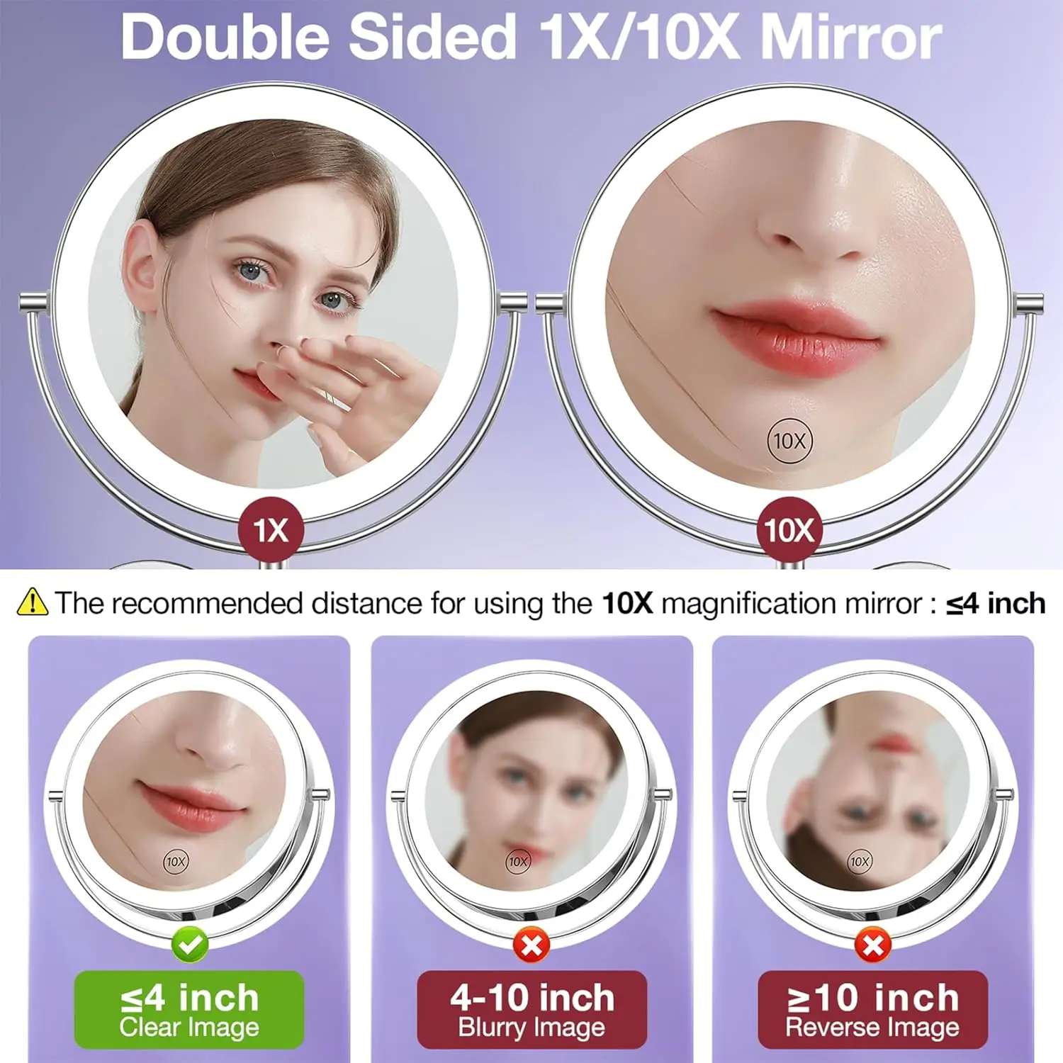 9" Wall Mounted Lighted Makeup Mirror, 1X/10X Magnifying 2-Sided AC Powered, 360° Swivel Extendable Arm