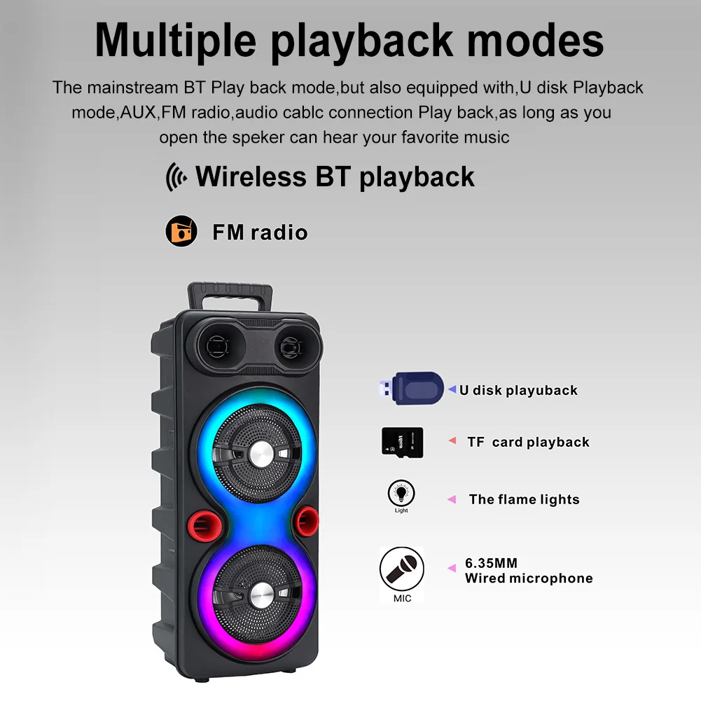 Portable Bluetooth Party Speaker Karaoke Heavy Bass Rechargeable Sound System Dual 6.5 Inche Subwoofer Led Light with Mic