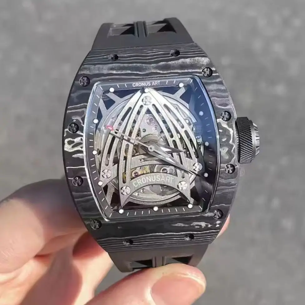 CRONUSART Men Automatic Watch 44mm Tonneau  Mechanical Wristwatch Carbon Fiber Case Sapphire Mirror Luminous Apollo Dial SW200