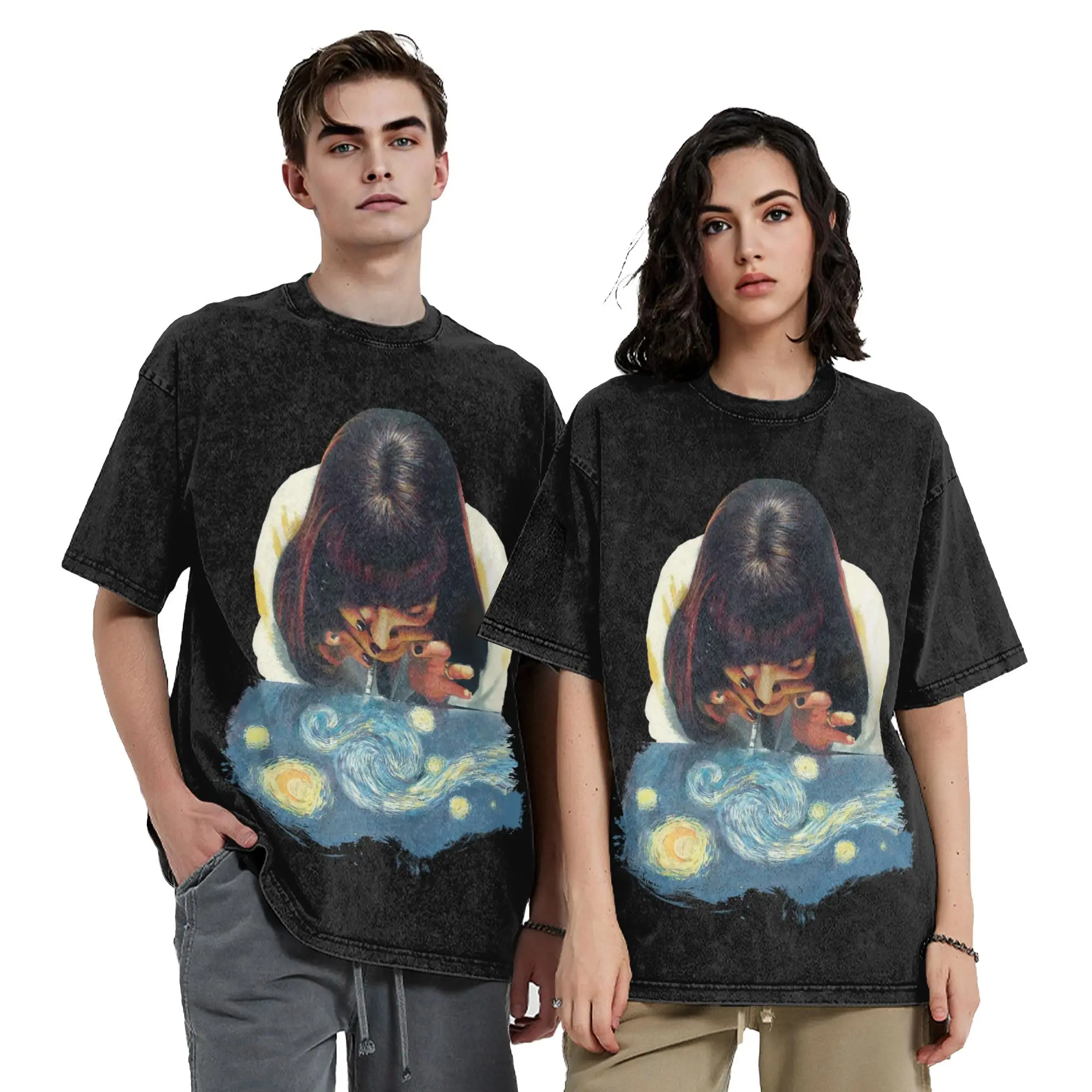 Mia Wallace StarryNight Pulp Fiction Washed T Shirts Streetwear Hip Hop Vintage T-Shirts  Tees Men Women Oversize Printed