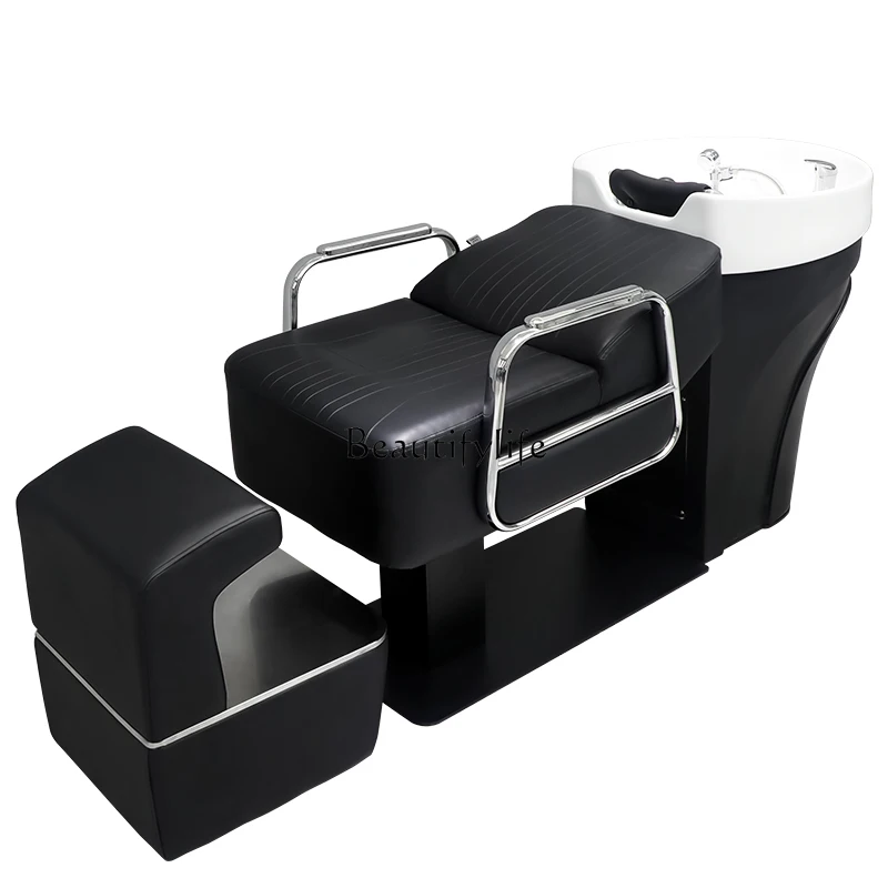 

High-end barber shop shampoo flush bed stainless steel semi-reclining hair salon special ceramic deep basin