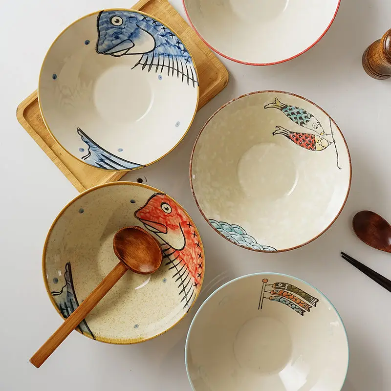 

Japanese Hand-painted Lamian Noodles Bowl Underglaze Color Ceramic Bowl Hand-painted Large Capacity Kitchen Salad Soup Bowl