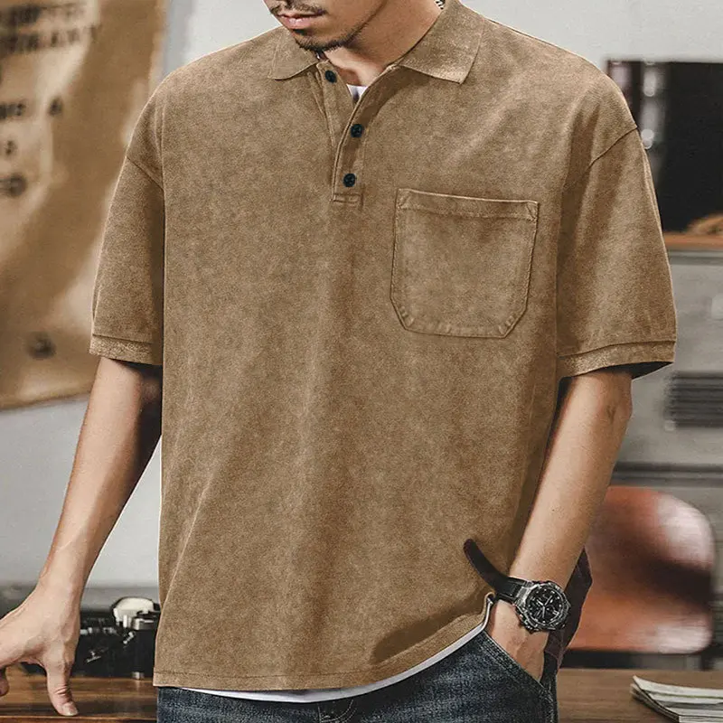 2026 Sommer Neues Revers-Knopf-T-Shirt für Herren, Retro-Waschung, schweres, kurzärmeliges, lockeres Freizeit-Oberteil für Männer