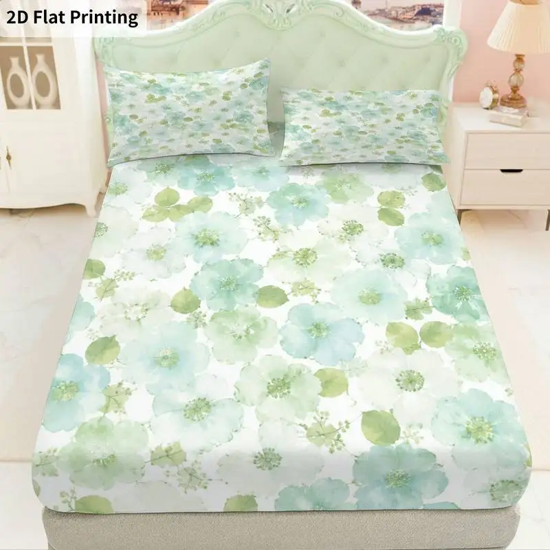 3Pcs Seafoamfloral Fitted Sheet Three Piece Set (1*Fitted Sheet + 2*Pillowcases, Coreless), Bedding Set.