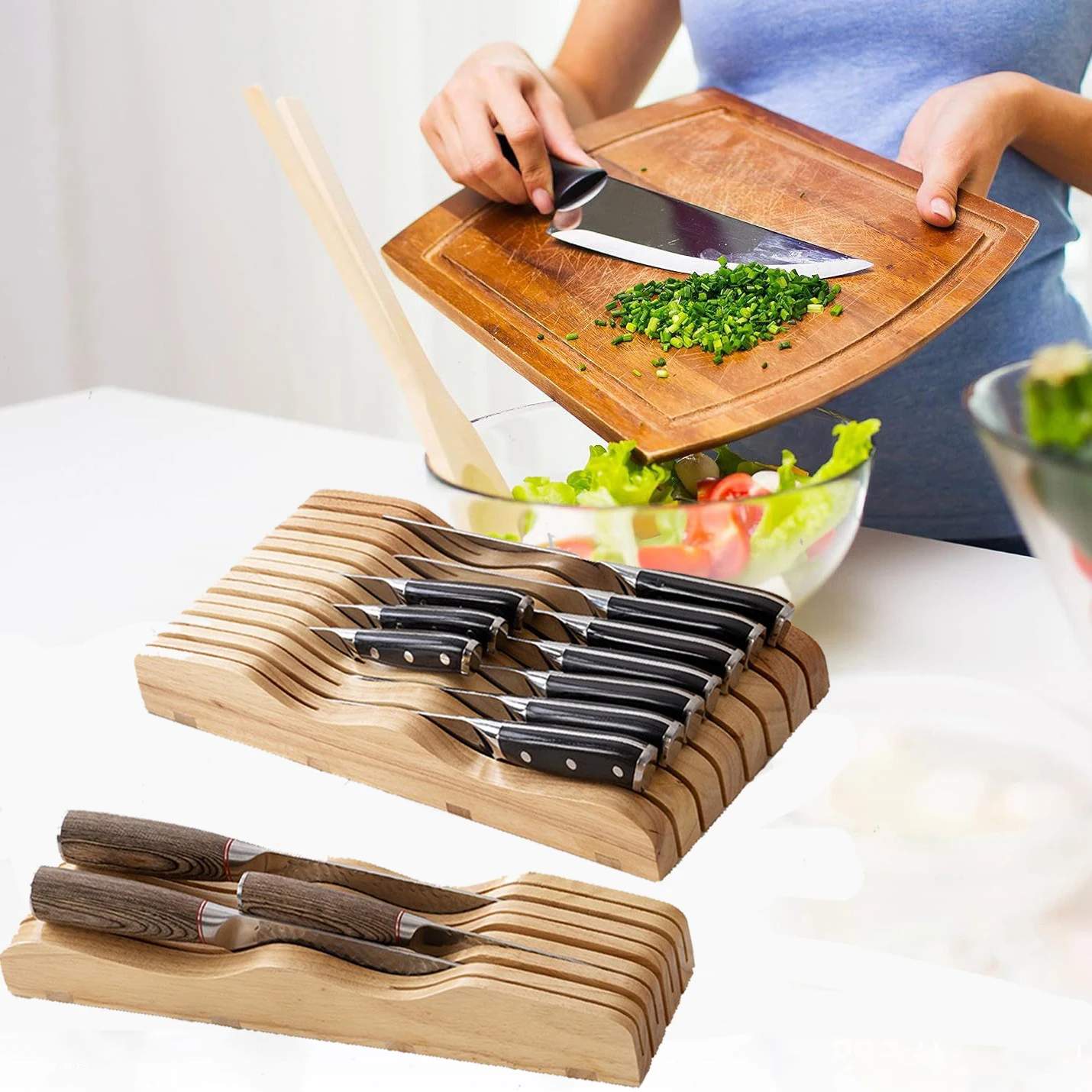 Oak Wood Knife Block 11 Slots In-drawer Knife Tray Knife Holder Separation Rack Universal Shelf Storage Cutting Tool Organizer