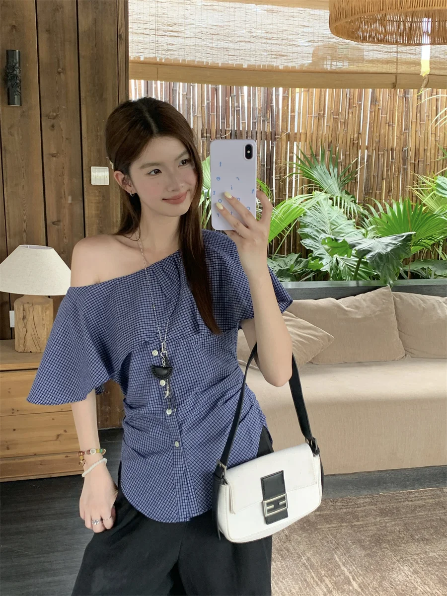 

Blue Plaid Short Sleeve Shirt Women's Summer Slimming Chic Top French Style Regular Fit One Shoulder Design Versatile Hemline